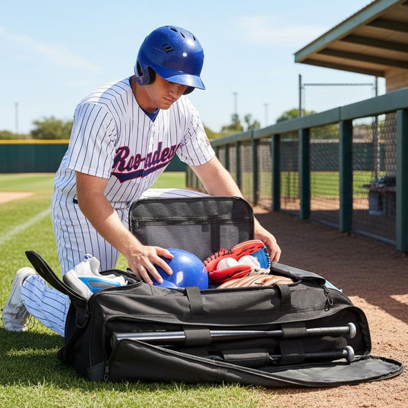 Catchers Gear Bag with Wheels for 4 Bats, Rolling Baseball