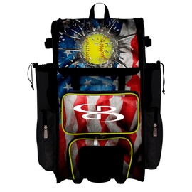 Boombah Rolling Superpack Baseball/Softball Gear Bag - Telescopic Handle - Holds 4 Bats - Wheeled Version - USA Softball Grand Slam Black/Red/Optic Yellow