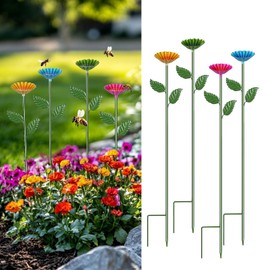 Yonisun Bee Watering Station,Colorful Metal Bee Cups for Garden, Butterfly Feeder and Pollinator Bath with Flower Design, Outdoor Yard Decor (Cup-Red, Blue,Yellow, Green)