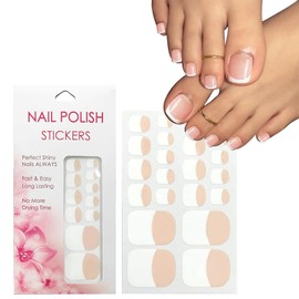 VOTACOS Nail Polish Strips for Toes, No UV Needed, Toe Nail Stickers White French Toenail Gel Nail Strips Pedicure Full Nail Wraps for Women with 1 Wooden Stick, 1 Nail File & 2 Prep Pad