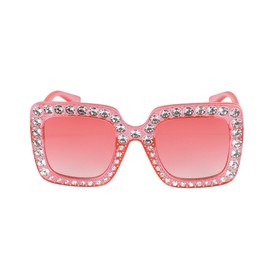 FLAWLESS Oversized Square Frame Bling Rhinestone Crystal Design Sunglasses For Women (Pink)