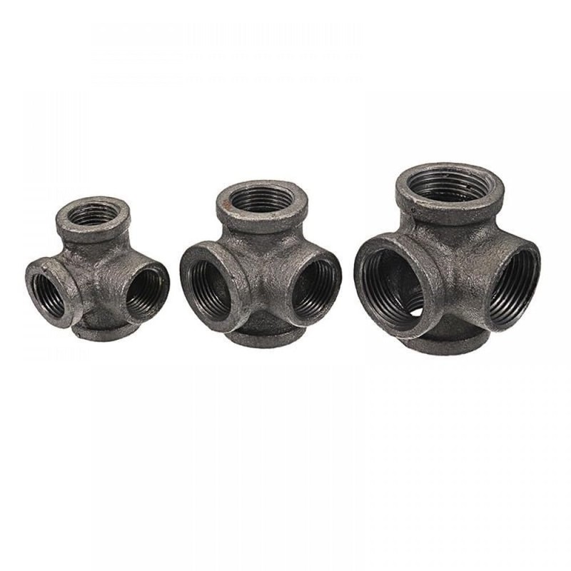 4 Way Pipe Fitting Malleable Iron Black Side Outlet Tee