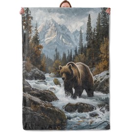 Grizzly Bear Theme Blanket Gifts for Women Girls, Soft Warm Lightweight Flannel Throw Blankets for Living Room Home Sofa Travel Decor 50" x 60"
