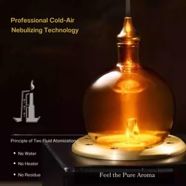 USMLMOOT Cordless Aroma Oil Nebulizer - Waterless Diffuser for Essential Oil with Glass & Wood, Rechargeable Portable Nebulizing Machine, Battery Operated up to 40h - Gold & Fire Original Design