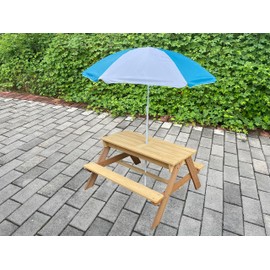 BTExpert Kids 3-in-1 Sand Water Activity Table Wooden Outdoor Convertible Picnic Table Bench Adjustable Umbrella Removable Top 2 Play Boxes Toy Set 37 x 35 in