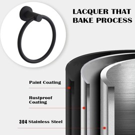 Towel Holder, Black Frosted Wall-Mounted Towel Ring in 304 Stainless Steel, Round Towel Holder for Bathroom, Kitchen (Black)