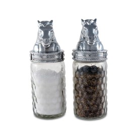 Arthur Court Horse Pattern S/P with Aluminum with Artisan Quality Hand Polished Equestrian Lid for Large Glass Salt and Pepper 6 inch Tall