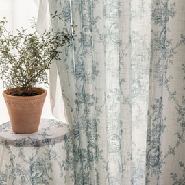 SUOUO Aqua Blue Floral Semi Sheer Curtains Linen Textured for Living Room 96 inches Long 2 Panels Rod Pocket Light Filtering Print Window Drapes for Bedroom Dining