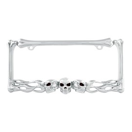 CLA Flaming Skull Metal License Plate Frame - Chrome