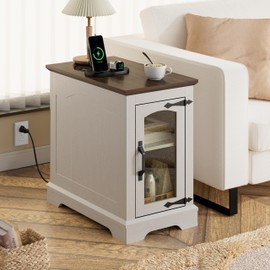 TRONLEE Narrow End Table with Storage, Farmhouse Side Table with Power Outlets & USB Ports, Small Night Stand for Living Room, for Bedroom, Living Room(Glass Door, White & Espresso)