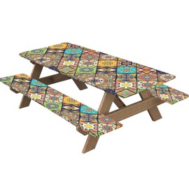 Picnic Table Cover with Bench Covers, 3 Pcs Waterproof Camping Tablecloth Outdoor Bench Seat Cover, Picnic Table Covers with Elastic Fitted Tablecloths for 6 Foot Rectangle Tables (Style B)