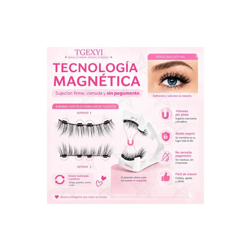2 Pares Pestañas Magnéticas Natural Reutilizables +aplicador