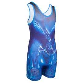 Wrestling Singlet por KO Deportes Gear: Azul Phoenix diseño, black orange yellow red gold