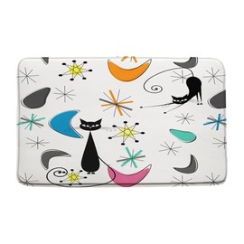 Sunhe Mid Century Atomic Cat Bath Mat Blue Gray Orange Modern Abstract Geometric Black Cat Retro 50S Memory Foam Home Office Door Bathroom Decor Mat,17.8"x29.5"