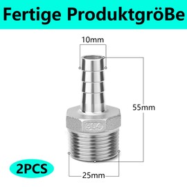QZKJQDD Pack of 2 Hose Nozzles, Stainless Steel, Reduction Hose Barb Adapter, 10 mm OD Barb to 3/4 Inch BSP Male Hose Barb, Hose Connector, Compression Fittings for Water, Industry