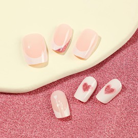 LPOODDNU Square Valentine Press on Nails Medium Heart Fake Nails, White French Tip Press on Nails Pink Glitter Heart Designs Cute Valentines Glue on Nails for Women Manicure DIY, 24pcs
