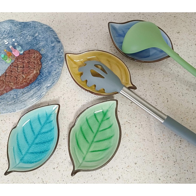 Ceramic Spoon Rest for Stove Top, Ice Cracks Leaf Cute