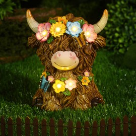 Colingmill Christmas Highland Cow Resin Figurine Highland Cow Statue Christmas Outdoor Decor with Flower for Patio, Yard, Gift for Mom, Calf Gnome Herd Lovers(Bright)