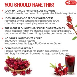 FreshDrinkUS, Premium 40 Hibiscus Flowers Tea Bags, 100% Natural, Pure from Hibiscus Flowers. Loose Flower Hibiscus Herbal Tea. Hibiscus Flower Tea. No Sugar, No Caffeine, No Gluten, Vegan.