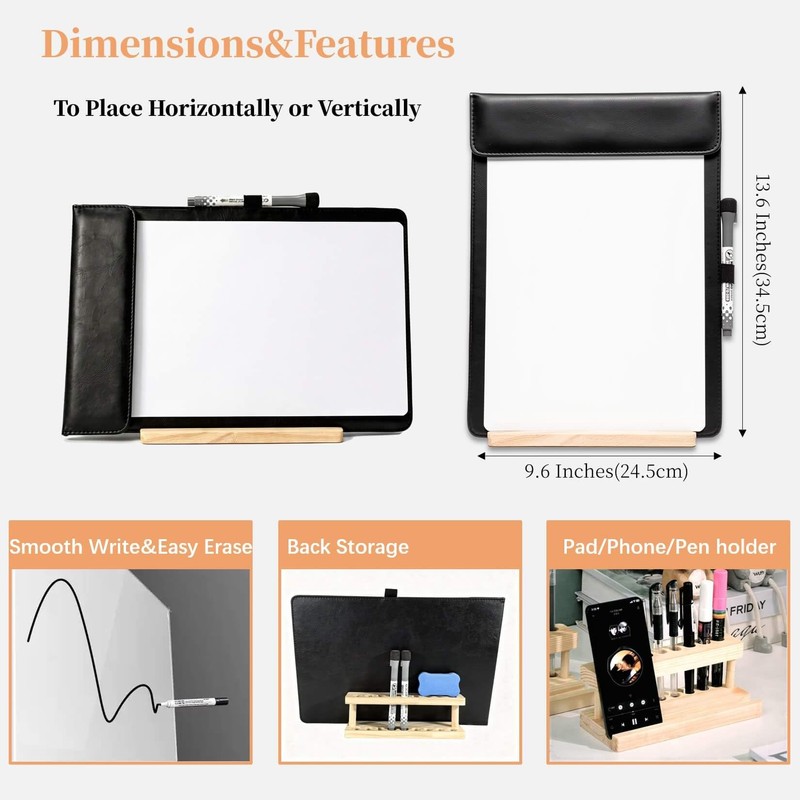 iNenya Magnetic Dry Erase Board with Clipboard,PU Leather Desktop Whiteboard