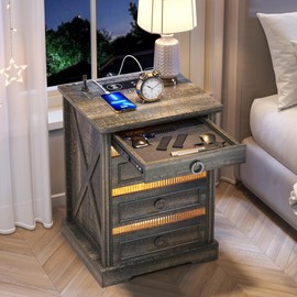 ACTKISS Farmhouse Night Stand with Gun Drawer, Bedside Table with Charger Station, LED Nightstand with Human Sensor Light, Smart End Table for Bedroom Livingroom, Rustic