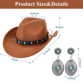 Geyoga 4 Pcs Boho Jewelry Set Western Cowboy Hat Vintage Turquoise Belt Necklace Earrings for Women(Khaki)
