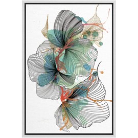 SIGNFORD Framed Canvas Wall Art Gold, Black Ink Lines with Red, Blue, Green Watercolor Botanical Plants Illustrations Abstract Minimalist Expressive for Living Room, Bedroom, Office - 24x36 inches