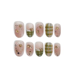 TENPAL French Tip Press on Nails Short Oval Cute Acrylic Pink Nails Press Ons Classic Checkered Grid Designs Fake Nails Reusable Full Cover Artificial Nails 10pcs Glue on Nails for Women Girls(S)