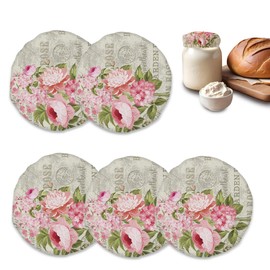 Cloth Covers for Sourdough Starter Jars, Vintage Pink Rose Flowers Heat Preservation Cover for Bread, Sewn Cloth Covers (5-Pack)