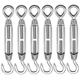 M4 304 Stainless Steel Turnbuckle Bolt Wire Rope Tensioner, Heavy Duty Adjustable Garden Cable Tensioner Kit with Hook and Eye, Pack of 6, Durable, Corrosion Resistant for Rope, Wire, and Outdoor Use