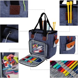 Knitting Bag Yarn Storage Organizer, Portable Knitting Tote Basket Yarn Bags for Crochet Hooks, Crocheting Kit, Knitting Needles, Yarn Balls, Project & Sewing Supplies (Navy)