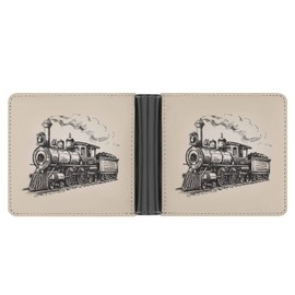 Vintage Steam Locomotive Train with Smoke Hand drawn Soft PU Leather Bifold Wallet, Coin Purse Credit Pass Case, Durable Card-Holder Slim Billfold for Men Woman Money Storage