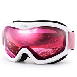 JULI Ski Goggle/Snow Snowboard Goggles for Men, Women & Youth - 100% UV Protection Anti-Fog Dual Lens(White Frame+38% VLT Vermillion Red Len Pink Strap)