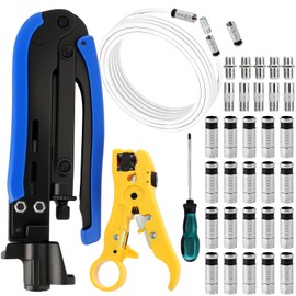 Coaxial Cable Stripping Tool Set, Compression Pliers, Wire Stripper, Adjustable RG6, RG59, RG11,75-5,75-7, with RG6 TV Cable, 20 RG6 F Compression Connectors, Phillips Screwdriver, F Connector