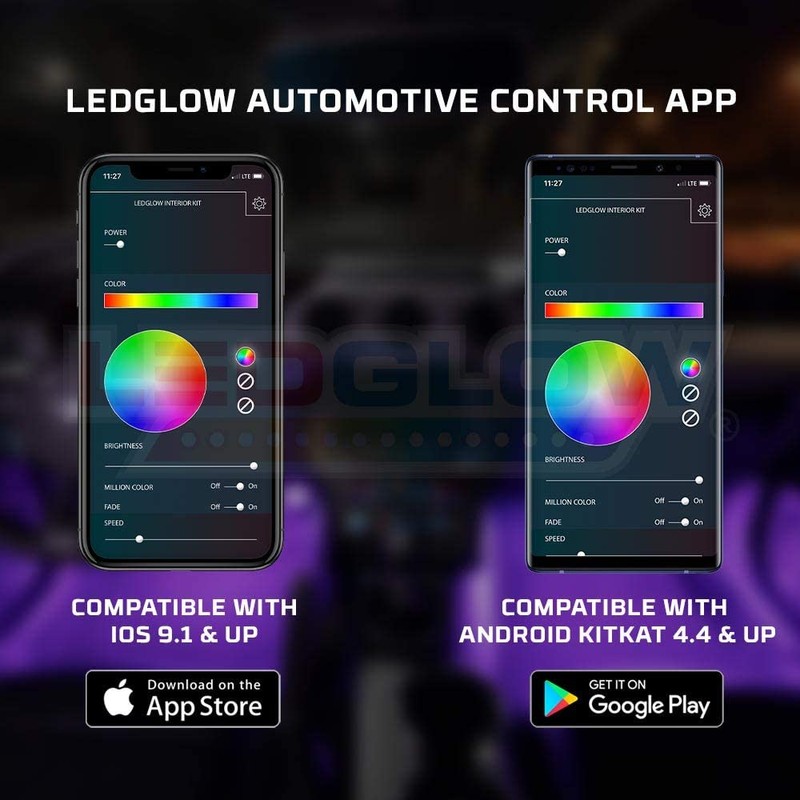 LEDGlow 4pc Bluetooth Multi-Color LED Interior Footwell Underdash Neon Lighting