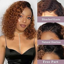 Rolisy 1B/30 Ombre Brown Bob Wig Human Hair 4x4 HD Lace Closure Wig 180% Density Glueless Water Wave Human Hair Bob Wig 12 Inch Short Curly Lace Frontal Wigs For Black Women