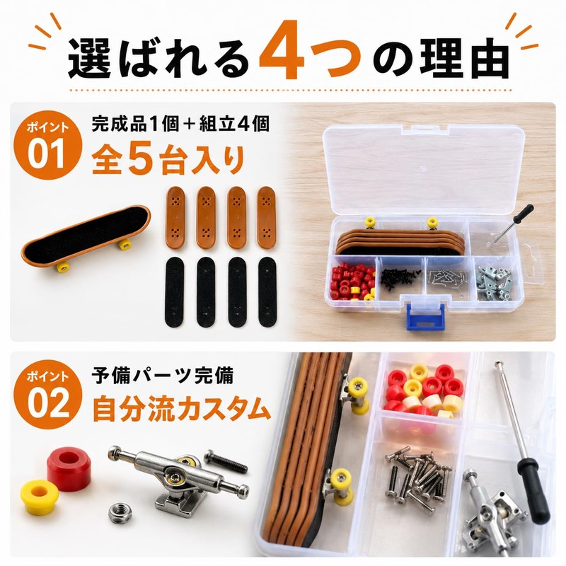 指スケ キット 5個セット フィンガースケートボード 組立キット 専用ケース付き 予備パーツ完備 (指スケートボード5個セット)