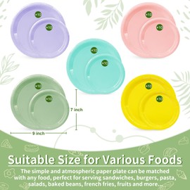 LIKAJON 100 Pcs Pink Blue Purple Yellow Sage Green Paper Plates, 25 Pcs 9 Inch and 25 Pcs 7 Inch Plates for Valentines,Tea Party, Baby Shower, Birthday, Wedding, Graduation, Picnic, BBQ, Party