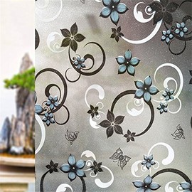 CVANU Printed Blue Flower Opaque Window Cling Frosted Vinyl Sheets for Front Door/Bathroom/Sidelight/Small Windows (Frosted, 12''x36'')