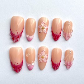 Handmade Press-On Nails Short Almond Nails Reusable Hand-Painted Nails Including Tool Kit 10 Piece (SHN036-S, S)