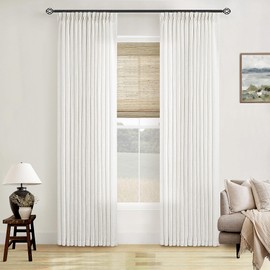 TWODRAPES Beige White Linen Curtains Pinch Pleated 84 Inches Long for Living Room Bedroom Pleat with Rings Back Tab Semi Sheer Curtains 84 Inch Length 2 Panels Set Light Filtering Farmhouse Drapes