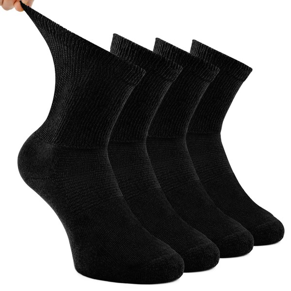 Busy Socks Extra Wide Diabetic Crew Socks for Men, Women's Comfort Cotton Lightweight Super Soft Gentle Casual Socks Black 4 Pack XL
