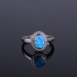 KELITCH Synthetic Opal Silver Ring, Handamde Egg Round Ring for Women (Blue, 7), Bead, No-Gem-Tye