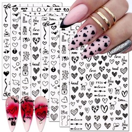 8 Sheets Black Heart Nail Stickers 3D Self Adhesive Cute Heart Nail Decals Valentine's Day Nail Art Stickers Black Heart Designs for Women DIY Valentines Nails Manicure Tips Decorations Accessories