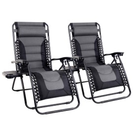 MFSTUDIO Zero Gravity Chair Large Patio Lounge Recliners Adjustable Padded Folding Chair with Cup Holder for Poolside Outdoor Yard Beach, Set of 2 - Gray