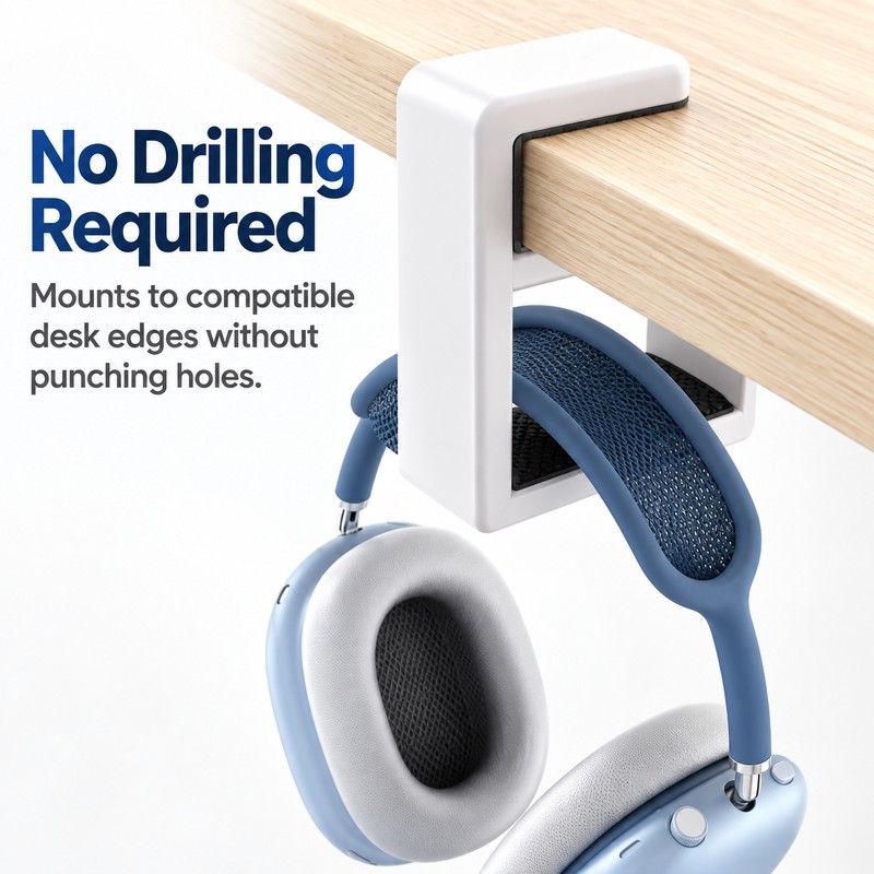 Rotating Headphone Holder for Desk – No-Punch Plastic Headset Hook