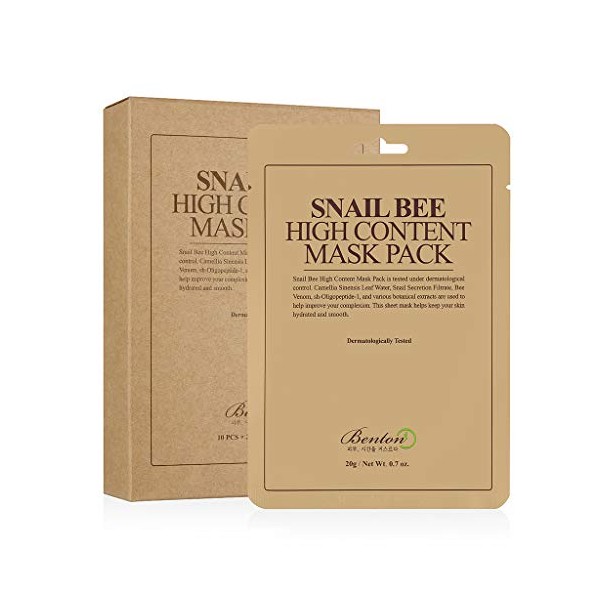 BENTON Snail Bee High Content Mask Pack 20g 10 Sheets - Snail Secretion Filtrate & Green Tea Leaf Water, Skin Soothing & Hydrating Facial Mask Sheet, Nourishing Face Mask for Aging Skin