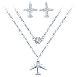 Yumilok Women's Jewellery Set Aeroplane Pendant Necklace and Earrings Set Zirconia Jewellery Double Chain for Women 925 Sterling Silver, Sterling Silver Sterling Silver Zirconia, Cubic Zirconia