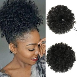Afro Puff Drawstring Ponytail Synthetic Ponytail Extension for Black Women Short Kinky Curly Bun Hair Extensions Hairpieces (1B)
