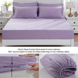 S VICTORY SYMBOL 100% Linen Sheets Set Queen Size,Washed French Flax Bed Sheets 4Pcs(1 Flat Sheet&1 Fitted Sheet&2 Pillowcases)Cooling for Hot Sleepers,Natural Linen Farmhouse Bedding-Purple Lavender